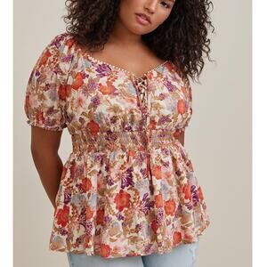 Torrid Womens Floral Babydoll Peasant Top Plus Size 1X Lace Up Cottagecore Boho